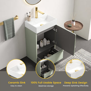 English Elm Gada Fluted Sage Freestanding Bathroom Vanity with Brushed Brass Vessel Sink Cabinet Light Green W1865S00212