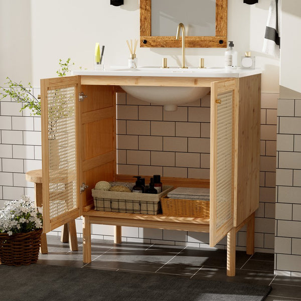 English Elm 30-inch bamboo bathroom vanity with handwoven rattan doors, soft-close hinges, ample storage beauty WF530472AAD