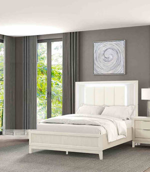 English Elm Contemporary Queen Bedroom Set Channel Tufted Upholstered Bed with Led Headboard Nightstands B2741S00925