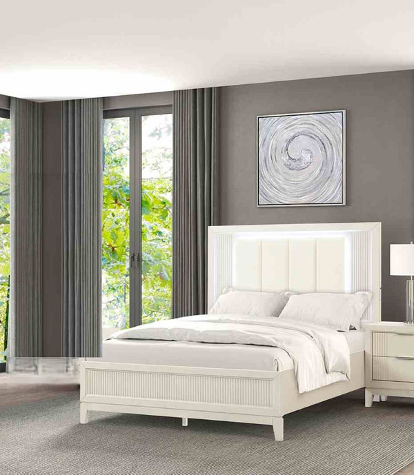 English Elm Contemporary Queen Bedroom Set Channel Tufted Upholstered Bed with Led Headboard Nightstands B2741S00925