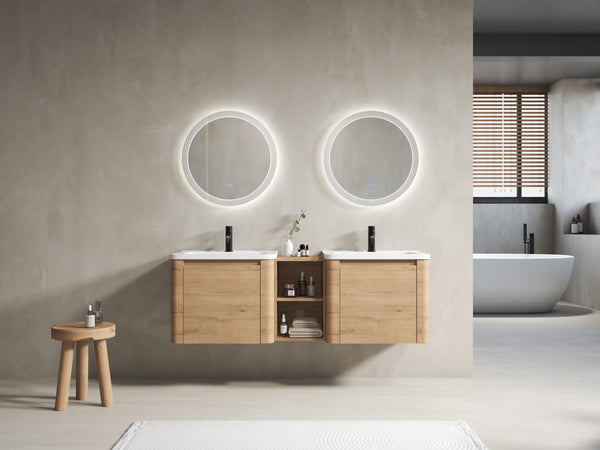 English Elm 60'' Wall-Mounted Vanity with White Ceramic Sink, Plywood Shelves, Soft-Close Door, Scratch & Water-Resistant Finish W999S00381
