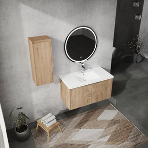 English Elm 36" Wall-Mounted Bathroom Vanity With Soft-Close Sink & Side Cabinet For Stylish Storage Solutions W999S00218