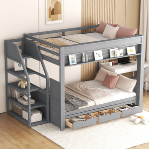English Elm Wood Full Size Convertible Bunk Bed with Staircase Storage, Bedside Table and 3 Large Drawers, Durable Pine Finish Gray GX000335AAE-1