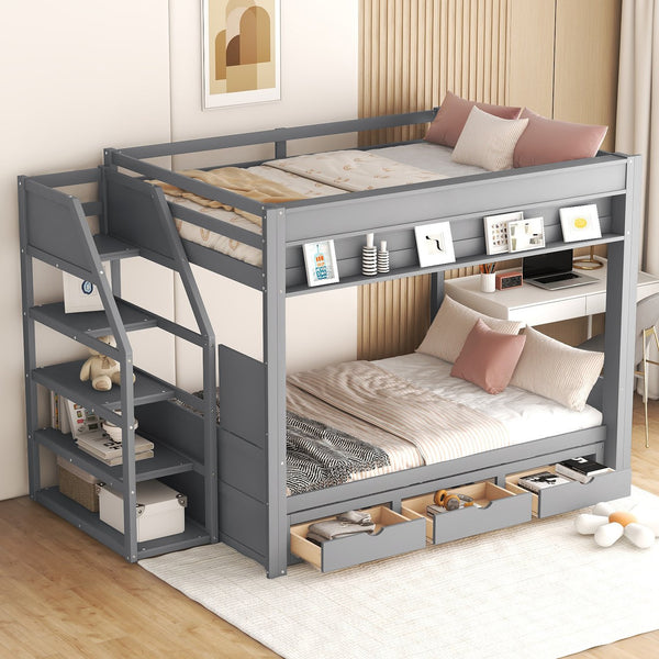 English Elm Wood Full Size Convertible Bunk Bed with Staircase Storage, Bedside Table and 3 Large Drawers, Durable Pine Finish Gray GX000335AAE-1
