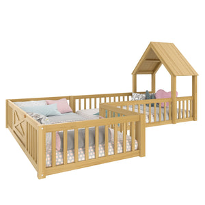 English Elm Twin House Floor Bed with Door & Full-Length Guardrails, Solid Wood Twin Loft Alternative for Kids Natural W1580P327129