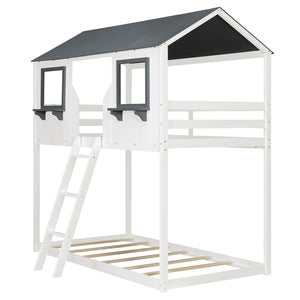 English Elm Twin Over Playhouse Bunk Bed Solid Pine Frame with Roof Windows Guardrail LT100045AAK-1