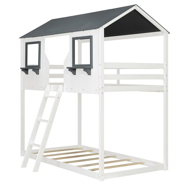 English Elm Twin Over Playhouse Bunk Bed Solid Pine Frame with Roof Windows Guardrail LT100045AAK-1