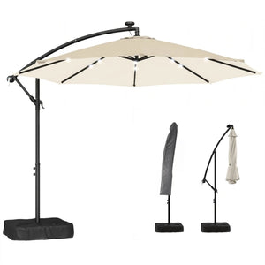 English Elm Garden Cantilever Patio Umbrella with Solar Led Lights and Upf30 Polyester Canopy Cream White T3971P481960