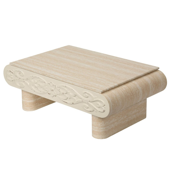 English Elm Rounded Edge Coffee Table Solid Wood Engraved Drawer Modern Living Room Storage Beige+Yellow W3040P428650