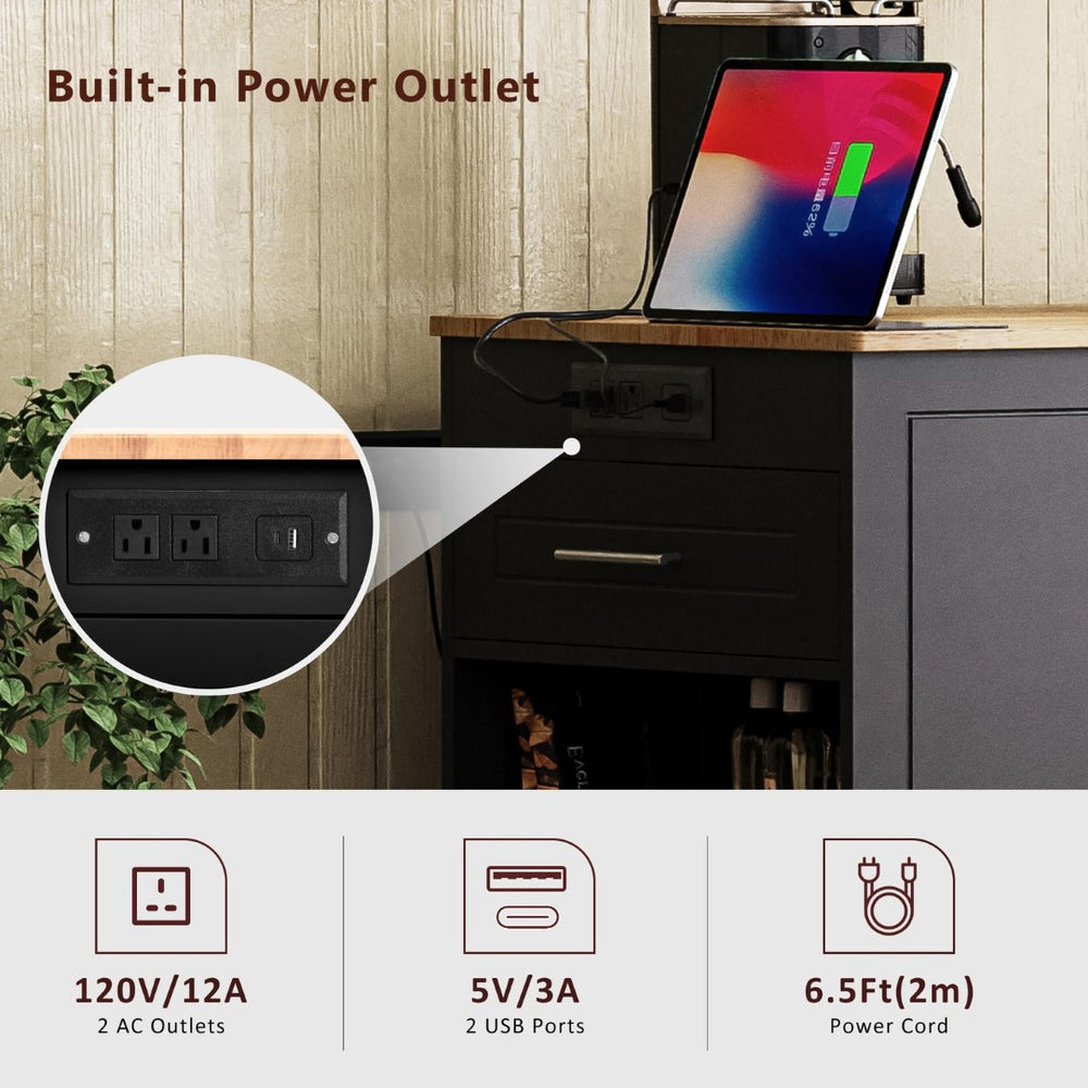 English Elm K&k Rolling Kitchen Island Rubber Wood Top Fluted Cabinet Built-in Charging Station Black N707S221571B