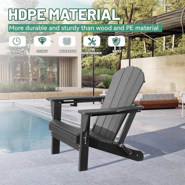 English Elm Adirondack Hdpe Folding Chair Set Outdoor Patio Fire Pit Seating with Cup Holder Gray W1859P453283