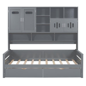 English Elm Twin Size Wooden Daybed With Storage Drawers, Sleek Gray Finish, Cabinet & Shelf For Space-Saving Use N820S00015E-GIGA