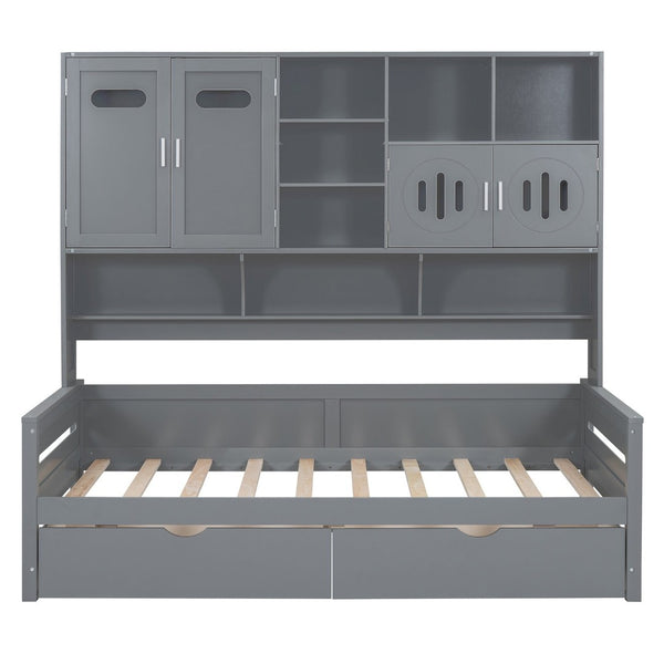 English Elm Twin Size Wooden Daybed With Storage Drawers, Sleek Gray Finish, Cabinet & Shelf For Space-Saving Use N820S00015E-GIGA