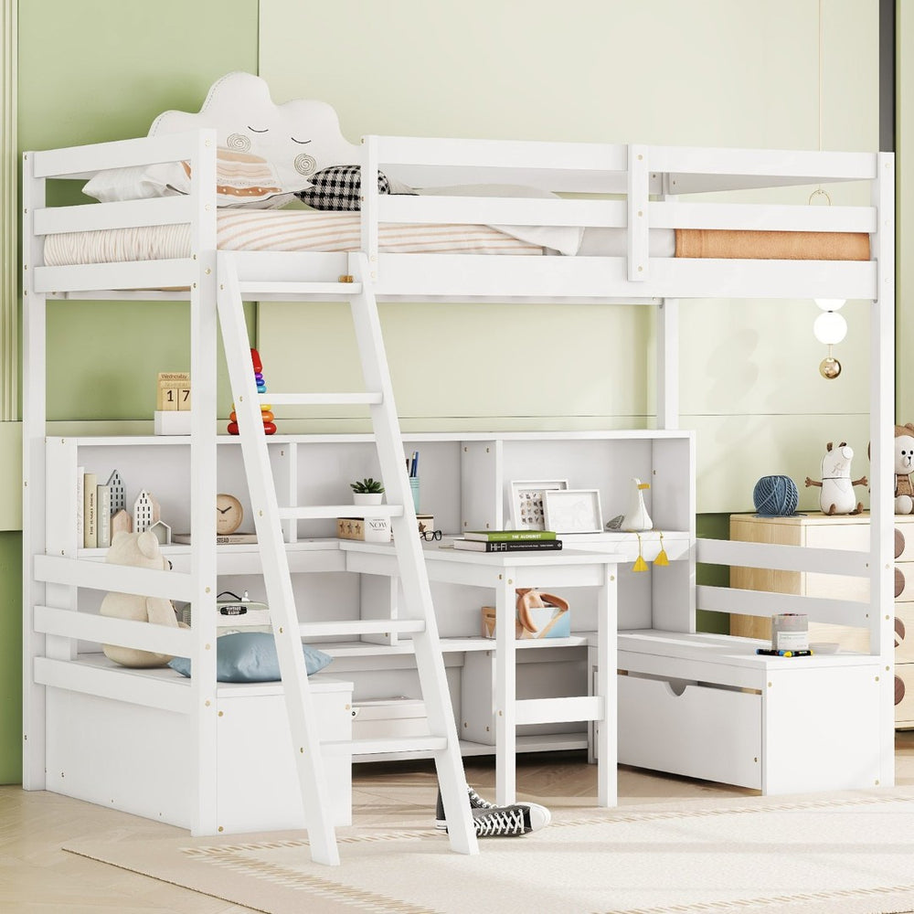 English Elm Twin Low Loft Bed with Pull Out Desk Drawers Cabinet and Shelves for Kids White W697S00034