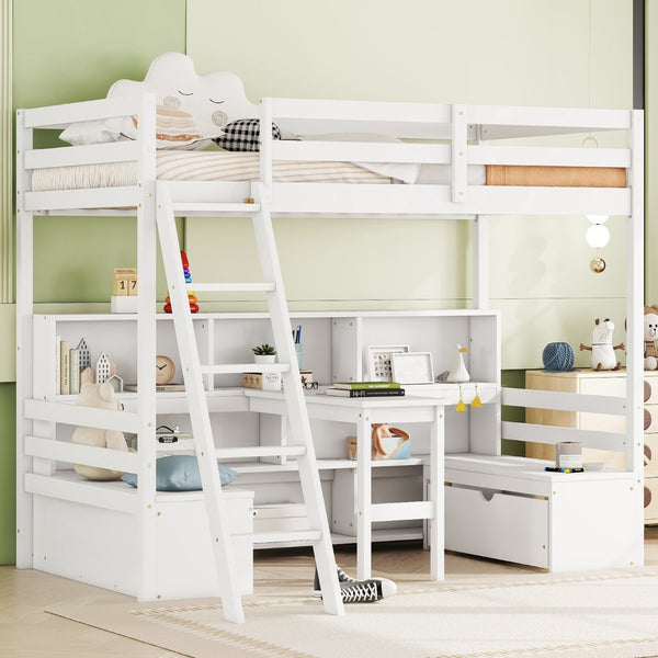 English Elm Twin Low Loft Bed with Pull Out Desk Drawers Cabinet and Shelves for Kids White W697S00034