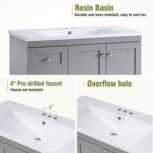 English Elm 36 Inch Shaker Bathroom Vanity with Resin Sink Four Soft Close Drawers Mdf Cabinet Gray N729P000028E