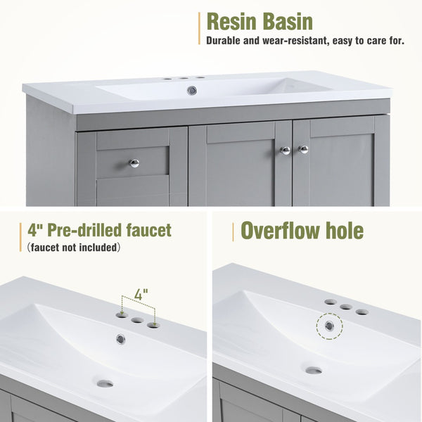 English Elm 36 Inch Shaker Bathroom Vanity with Resin Sink Four Soft Close Drawers Mdf Cabinet Gray N729P000028E
