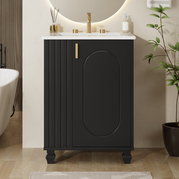 English Elm Christopher Knight Home® - 24" Retro Bathroom Vanity with Ceramic Sink, Solid Wood Frame, Soft-Close Door, Ample Storage Black N759P293645B