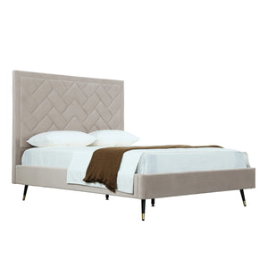 English Elm Crosby Upholstered Velvet Queen Bed In Greige - Elegant Chevron Headboard & No Box Spring Needed! B365S00038