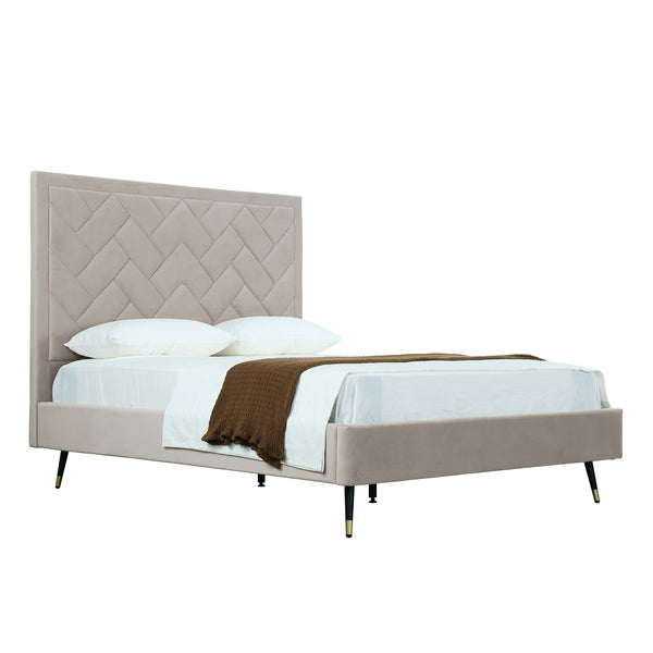 English Elm Crosby Upholstered Velvet Queen Bed In Greige - Elegant Chevron Headboard & No Box Spring Needed! B365S00038