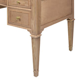 Elegant Executive Desk with Gold Accents, 5 Drawers, Natural Brown Wood