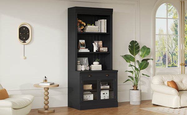 English Elm 83.4"Tall Modern Bookcase With Glass Doors & Drawer - Stylish Storage For Living Room & Office Decor N751S323419B