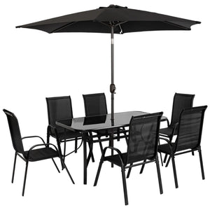 English Elm Outdoor Eight Piece Patio Dining Set with Mesh Chairs Tempered Glass Table and Umbrella T3971S00138