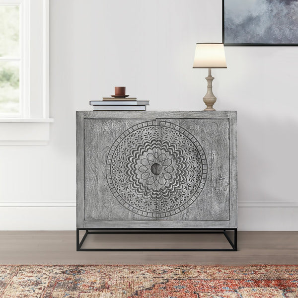 English Elm Zera Handcrafted 39" Accent Cabinet – Sandblasted Gray Mango Wood, Medallion Doors, Iron Stand B056P390833