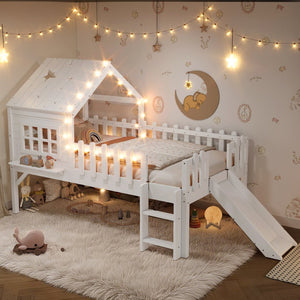 English Elm Twin Playhouse Loft Bed Solid Pine Frame with Slide Led Lights and Star Roof White W5316S00001
