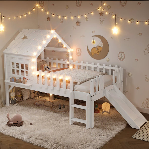 English Elm Twin Playhouse Loft Bed Solid Pine Frame with Slide Led Lights and Star Roof White W5316S00001