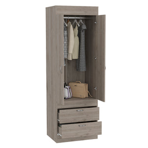 English Elm Lisboa armoire with rod and two roomy drawers, double-door storage cabinet with sleek metal pulls and modern flair Light Gray 74 L x 23 W x 4 H B200P242410