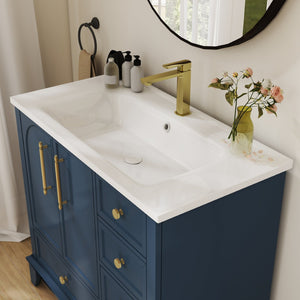 English Elm 35.6" Freestanding Bathroom Vanity with Roman Column Base and Ceramic Integrated Sink Blue W1801S00002