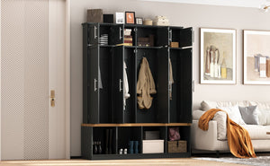 English Elm Wood Entryway Hall Tree with Bench Seating Coat Hooks Shoe Cubbies Cabinet Black W5271S00003