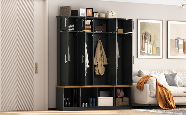 English Elm Wood Entryway Hall Tree with Bench Seating Coat Hooks Shoe Cubbies Cabinet Black W5271S00003