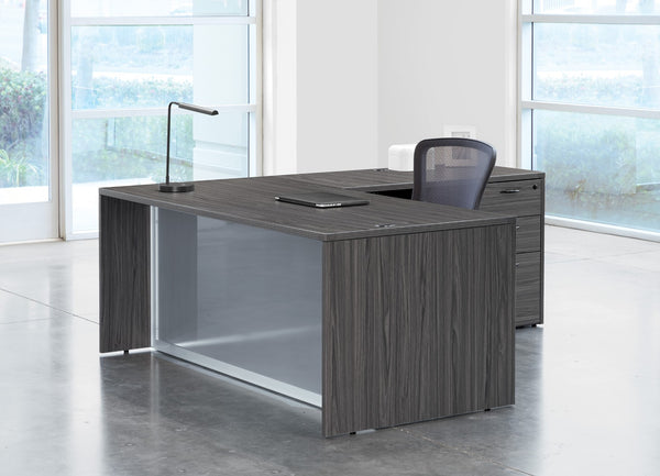 OSP Home Furnishings L-shape Glass Panel Executive Desk with Spacious Corner Layout for Modern Office Use NAPSGW-TYP29G