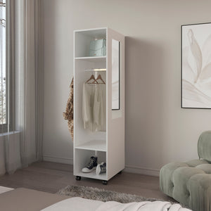 English Elm Armoire 63"H With 3 Shelves & Integrated Mirror On 4 Wheels - Stylish White Storage Solution B097P250842