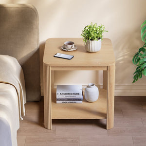 English Elm Rounded Square End Tables Set of 2 Boho Walnut with Wave Legs and Open Shelf W5563P449959