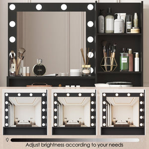 English Elm Vanity Desk With Mirror & 3 Adjustable Lighting Modes, Ample Storage & Elegant Black Finish For Bedrooms W2386P369684-GIGA