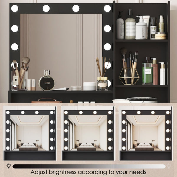 English Elm Vanity Desk With Mirror & 3 Adjustable Lighting Modes, Ample Storage & Elegant Black Finish For Bedrooms W2386P369684-GIGA
