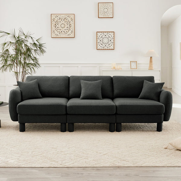 English Elm Boucle 3-Seater Sofa With Shell-Shaped Armrests & Cylindrical Legs - Dark Grey Modern Elegance W3041S00300