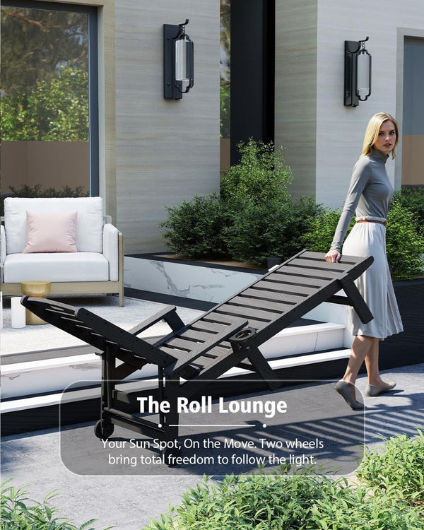 English Elm Patio Hdpe Chaise Lounge Outdoor Reclining Poolside Chair with Built-in Cup Holder Black W1859P478429