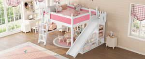 English Elm Queen Loft Bed With Fun Slide, Storage Shelves, Solid Wood Construction, Pink & White Finish, Easy Assemble W1580S00248-GIGA