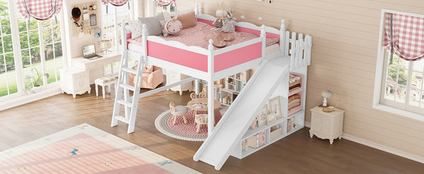 English Elm Queen Loft Bed With Fun Slide, Storage Shelves, Solid Wood Construction, Pink & White Finish, Easy Assemble W1580S00248-GIGA