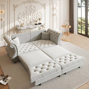 English Elm 83.8" Chesterfield Sleeper Sofa Velvet Upholstered with Flower Tufting for Living Room Light Grey W1885S00401