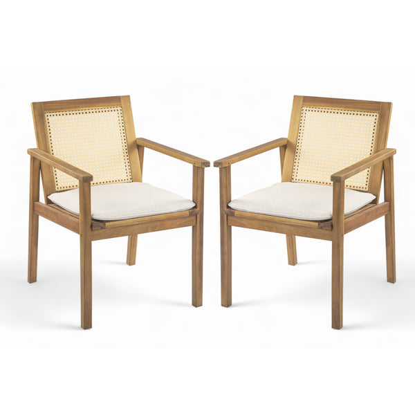 English Elm Christopher Knight Home® - Preston Teak Outdoor Dining Chairs Set of 2 with Beige Cushions, Acacia Wood Frame, Wicker Backrest N775P243309T