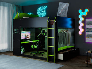 English Elm Full Size Loft Bed with Rgb Lighting Desk Drawers Hanging Rod Teen Bedroom Green LT000288AAF-1