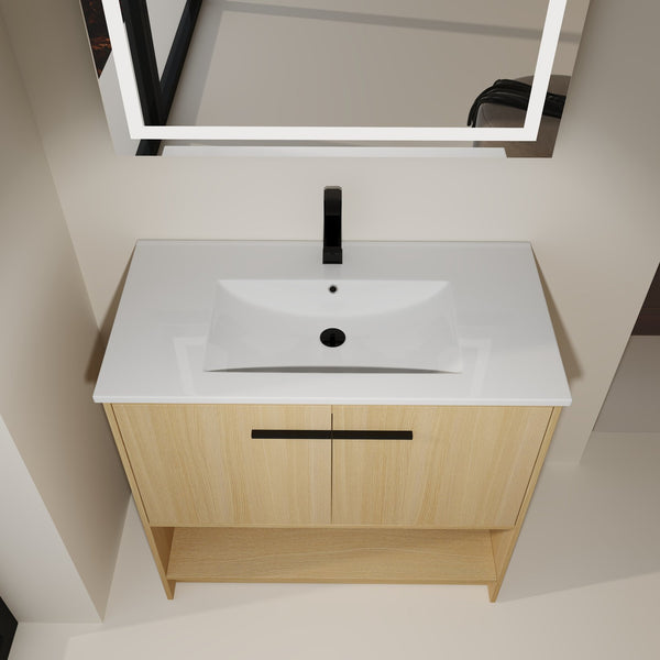 English Elm 36" Modern Bathroom Vanity With Ceramic Sink, Soft Closing Doors & Open Shelf For Stylish Storage W1972S00019