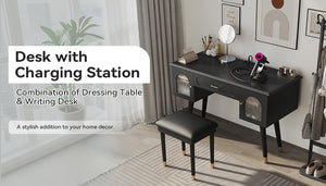English Elm Elegant Vanity Makeup Table with Charging Station & Carved Glass Door, Sturdy Stool Included Black N844P285188B