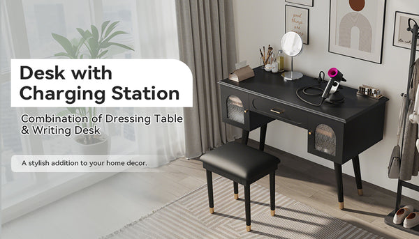 English Elm Elegant Vanity Makeup Table with Charging Station & Carved Glass Door, Sturdy Stool Included Black N844P285188B