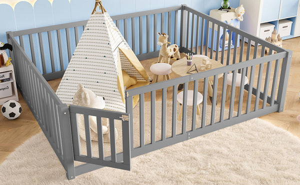 English Elm Queen Kids Floor Bed Pine Wood Frame with Safety Rails Door and Low Profile Design Gray W1580P418053
